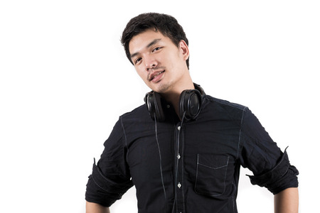 Isolated asian man with headsetの写真素材