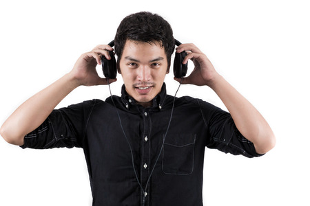 Isolated asian man with headsetの写真素材