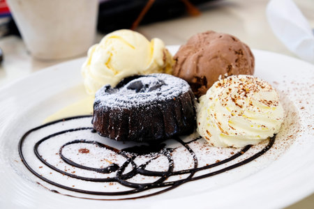 Chocolate lava cake with ice-cream in the dishの写真素材