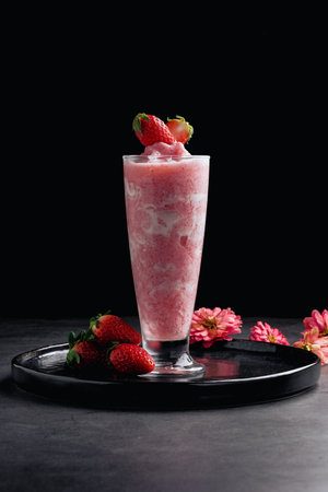 Strawberry smoothhie on black backgroundの写真素材