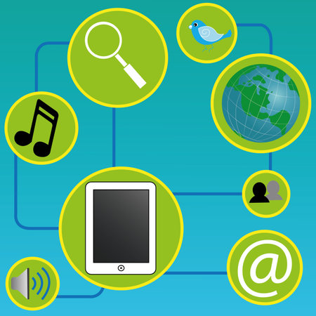 tablet with connections, social media icons on green circles on blue backgroundのイラスト素材