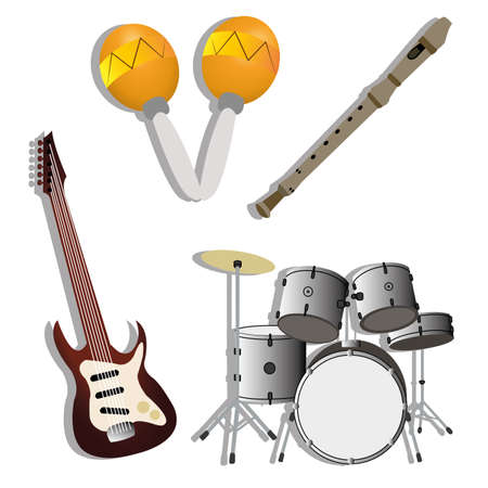different music instruments with shadow effect on white backgroundのイラスト素材