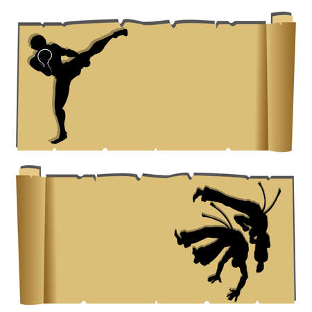 muay thai and capoeira silhouettes on abstract papyrus paperのイラスト素材