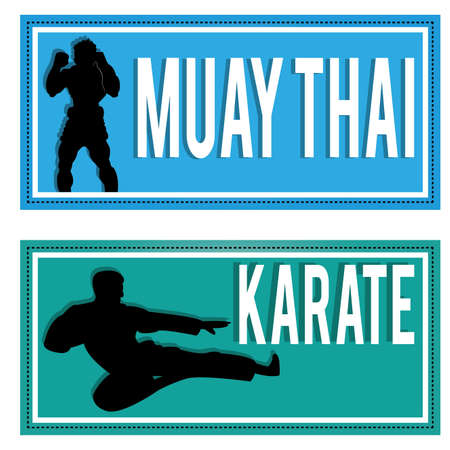 muay thai and karate silhouettes on rectangles with different colorのイラスト素材