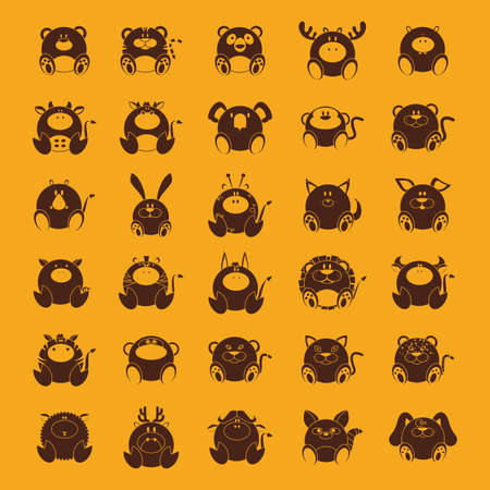 abstract set of cute animals on a yellow backgroundのイラスト素材