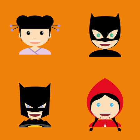 abstract cute children with a different cute costume on an orange backgroundのイラスト素材
