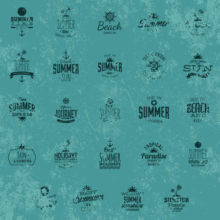 Set of blue backgrounds with text and summer iconsのイラスト素材