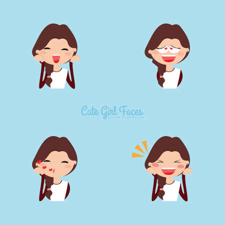 Cute girl with different expression faces on a blue backgroundのイラスト素材