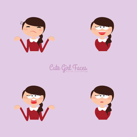 Cute girl with different expression faces on a purple backgroundのイラスト素材