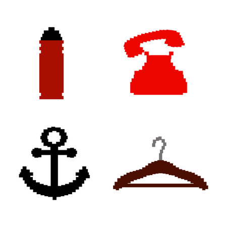Object pixel effect telephone, anchor, hanger. Vector illustration.