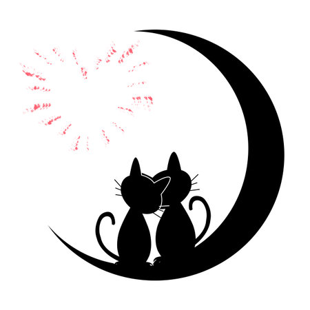 Couple Cats on the moon with heart shaped fireworks.のイラスト素材
