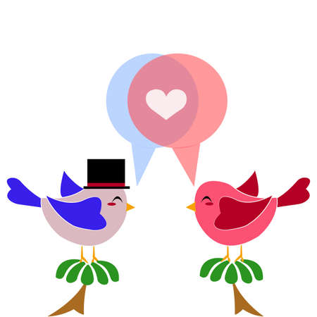 Male and female birds with speech bubble of heart.のイラスト素材