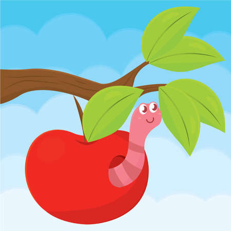 Cute worm in an apple over a branch - Vector illustrationのイラスト素材