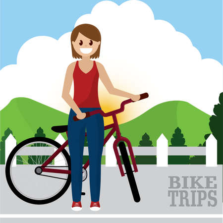 Woman in a bike over a natural landscape. Bike trips - VEctorのイラスト素材