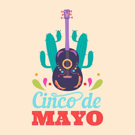 5 De mayo poster with a guitar and cactus - Vectorのイラスト素材