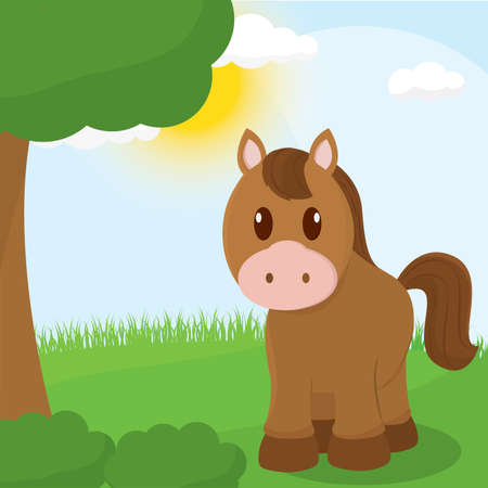 Cute horse cartoon over a natural landscape cartoon - Vectorのイラスト素材