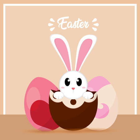 Bunny and decorated easter eggs in a happy easter card - Vector illustrationのイラスト素材