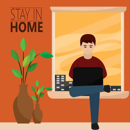 Man studying or working in the living room. Stay in home poster - Vectorのイラスト素材
