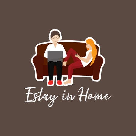 Couple sitting on a sofa. Stay in home - Vectorのイラスト素材