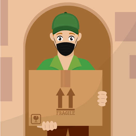 Delivery man with a package and face mask. Secure delivery - Vectorのイラスト素材