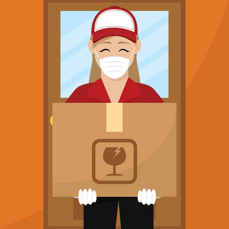 Delivery woman with a package. Secure delivery - Vectorのイラスト素材