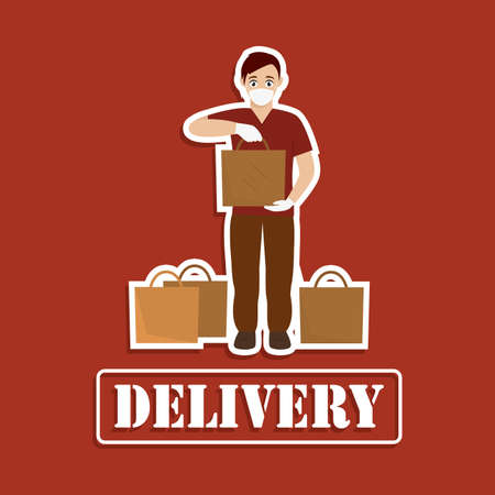 Delivery man with a package and face mask. Secure delivery - Vectorのイラスト素材