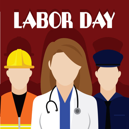 Labor day poster. Cartoons of a woman doctor, engineer an policeman - Vector illustration