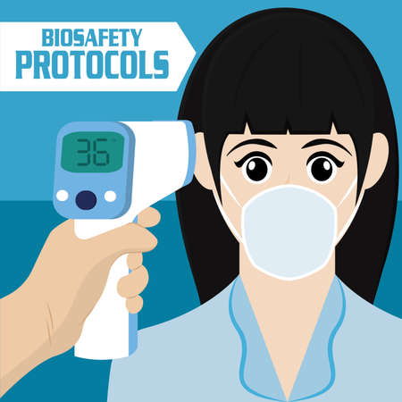 Body temperature measurement. Coronavirus prevention. Biosafety protocols poster - Vectorのイラスト素材
