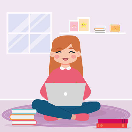 Girl studying in home. Home education - Vectorのイラスト素材