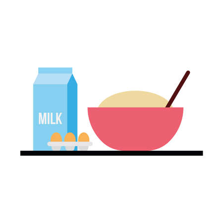 Cake ingredients icon. Milk, eggs and bowl - Vectorのイラスト素材