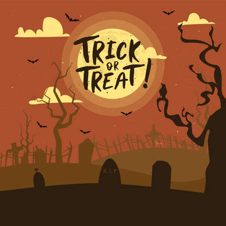 Trick or treat card. Halloween. Creepy graveyard. Scary cemetery - Vectorのイラスト素材