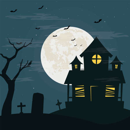 Dark night with horror house - Vector illustrationのイラスト素材