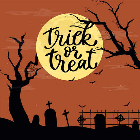 Trick or treat card. Halloween. Creepy graveyard. Scary cemetery - Vectorのイラスト素材