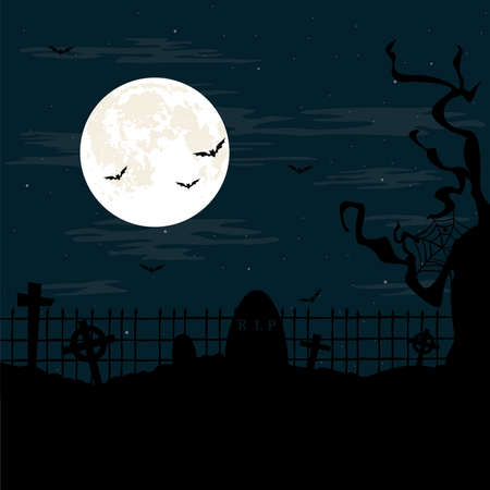 Dark night with horror house - Vector illustrationのイラスト素材