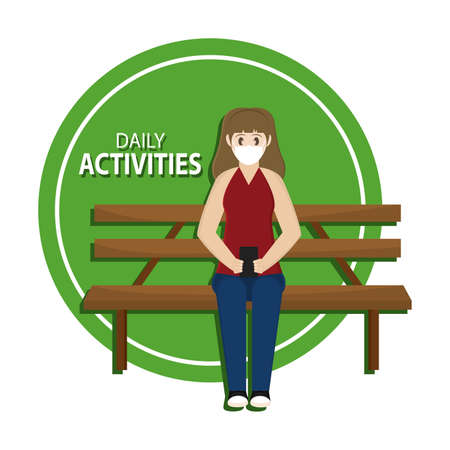 Isolated woman sit with mask in park- Vectorのイラスト素材