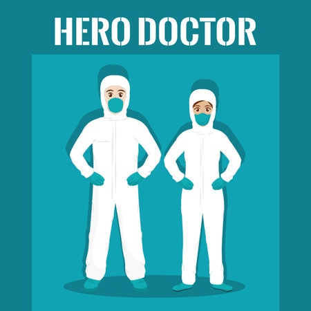 Doctor couple medical hero with cape covid-19 green picture- Vectorのイラスト素材