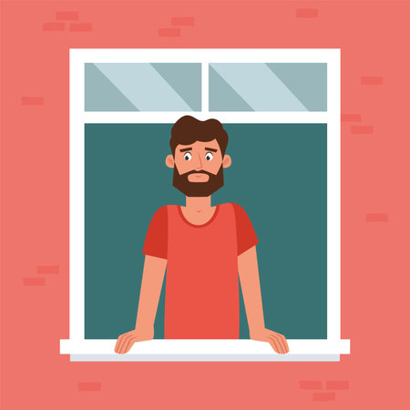 Man in window hygge style design ilustration - Vectorのイラスト素材