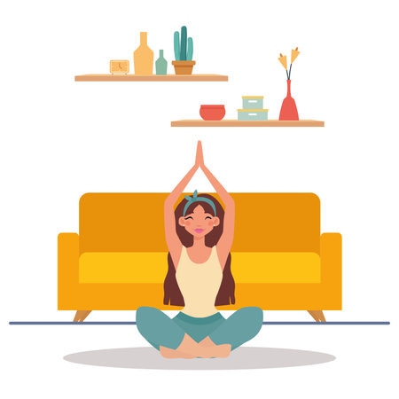 Girl in linving room hygge style design ilustration - Vectorのイラスト素材