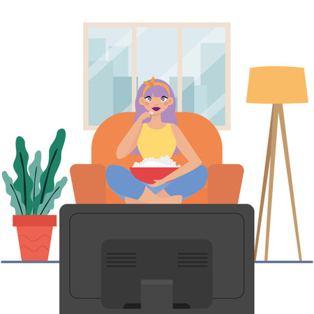 Woman watch tv news hygge style design ilustration - Vectorのイラスト素材