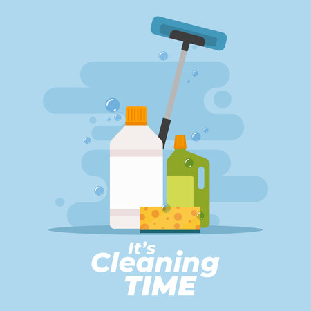 Bottles clenaing products cleaning time blue background- Vectorのイラスト素材