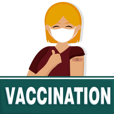 Happy vaccinated woman Vaccination time poster VEctor illustrationのイラスト素材