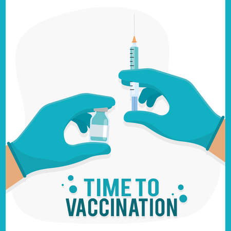 Hand with syringe and vaccine vial Vaccination poster Vector illustrationのイラスト素材