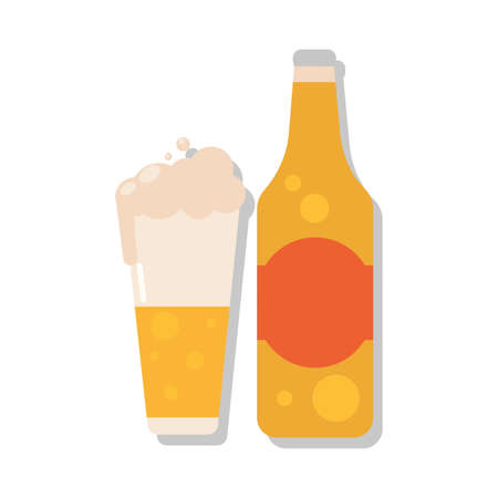 Beer glass with foam and beer bottle Vector illustrationのイラスト素材