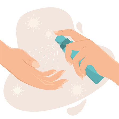 Pair of hands spraying alcohol on them Prevention and selfcare Vector illustrationのイラスト素材