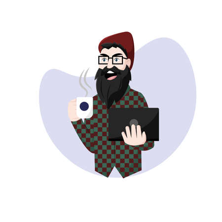 Isolated happy hispter cartoon with a laptop and coffee Vectorのイラスト素材