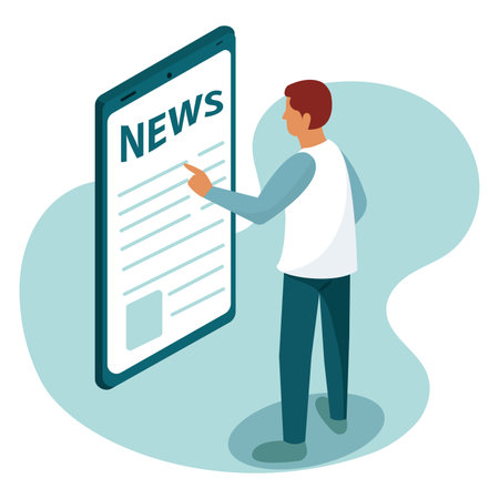 Male character reading news on big cellphone Vectorのイラスト素材