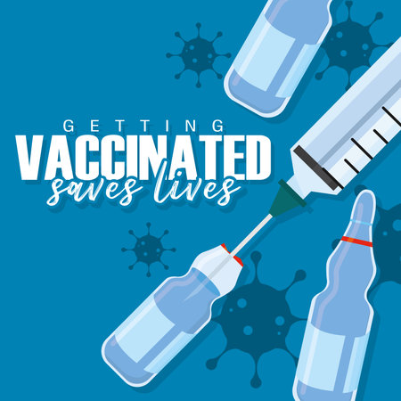 Syringe getting vaccine from bottle Vaccines save lifes poster Vectorのイラスト素材