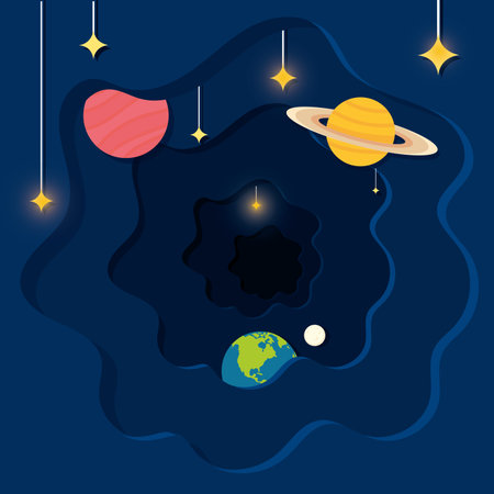 Layered colored view of outer space with planet icons Vectorのイラスト素材