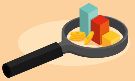 Magnifying glass with golden coins and growth graphs Finance icon Vectorのイラスト素材