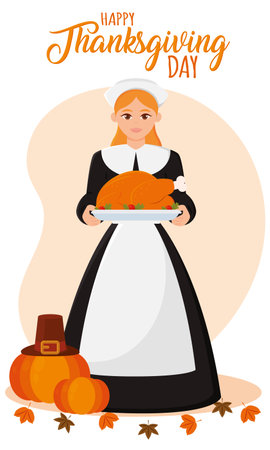Cute girl character with pilgrim clothes Happy thanksgiving day Vectorのイラスト素材